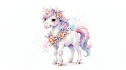 Whimsical watercolor unicorn with pastel floral garland watercolor mythical whimsical