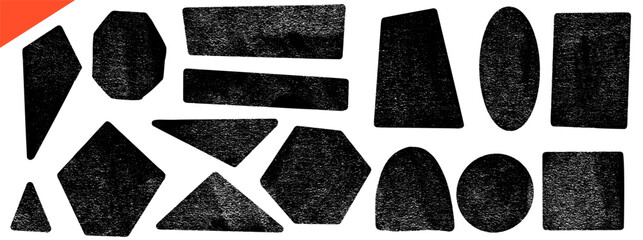 Grunge geometric shapes with rough ink and linocut grain texture. Dark grunge shape set with brush frame including triangle, diamond, arch and oval. Hand drawn vector elements for sticker and tag