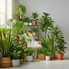 A vibrant indoor sanctuary filled with an abundance of lush green potted plants, creating a serene and cozy botanical oasis within a home, plants, lush, greenery