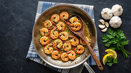 Garlic butter shrimp sautéed in a stainless-steel pan with fresh parsley and lemon slices, with garlic bulbs on a dark textured background.