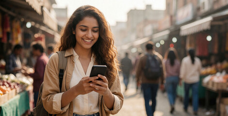 Young Indian woman smiles looking at screen of smartphone during walk through busy outdoor street market. Attractive female student uses mobile phone for messaging internet browsing in city center.