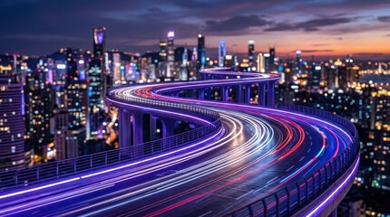 An expansive elevated highway winds gracefully through a glowing modern city at late dusk hours.