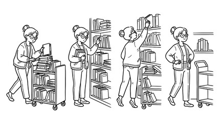 Four organizing books black indie line art character pose set