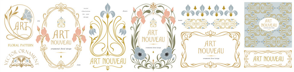 Art Nouveau vector collection on a transparent background with floral frame, iris ornament, decorative border and seamless pattern for invitation, card, textile, branding and vintage design