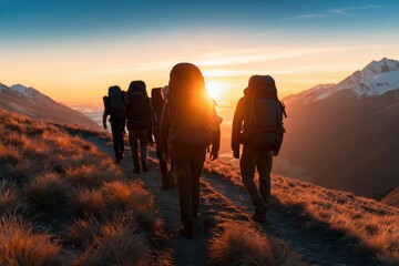 Hiking group of backpackers walking on mountains during a golden sunrise adventure