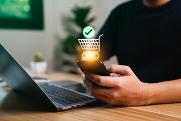 Ecommerce purchase success concept with person holding smartphone and virtual shopping cart checkmark showing online order confirmation payment transaction and digital retail experience