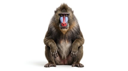 Full body portrait of a male mandrill sitting on white background.