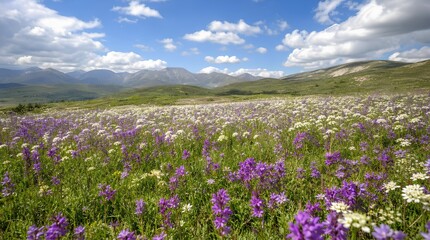 A broad alpine meadow filled with purple and white wildflowers stretches toward green hills and distant mountains, suited for nature travel and conservation campaigns.