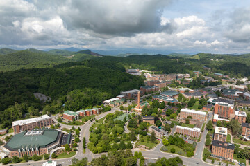 Boone, North Carolina. American architecture with streets and historical buildings in Blue Ridge Mountains. Popular tourist destination