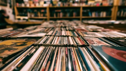 Rows of vintage vinyl records stacked on table in record store