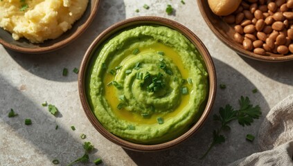 Herb-infused split pea puree with olive oil. Overhead view, empty space, flat arrangement.