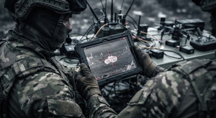 Military Drone Operators Using Rugged Tactical Tablet with Targeting Display