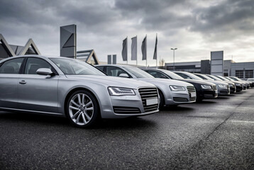 Row of new luxury sedan cars parked at dealership lot