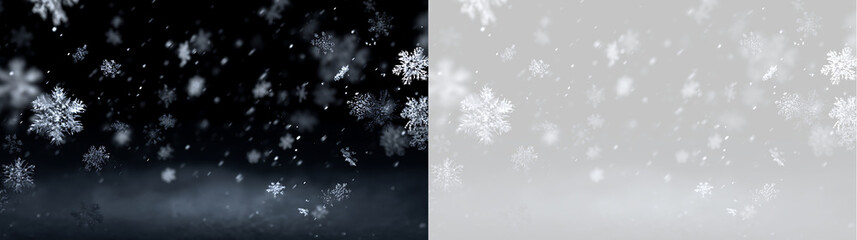Falling snow effect with realistic snowflakes overlay. Winter snowfall isolated on transparent background. Christmas seasonal background element