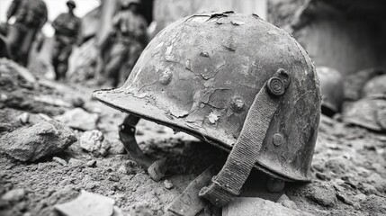 Abandoned Military Helmet in Rubble with Soldiers in Background