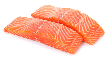 Pieces of raw salmon isolated on white