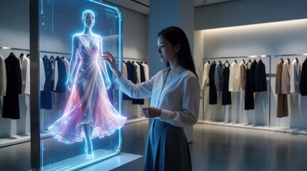 Woman uses holographic display to virtually try on dress in modern store. Interactive clothing technology offers futuristic shopping experience. Apparel selection uses smart interface in retail space.