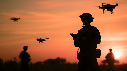 The silhouette of the soldier operating military drones at sunset over a battlefield demonstrates modern warfare technology and strategy in action