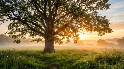 Ancient oak tree in a misty meadow at sunrise, golden hour landscape scenery.