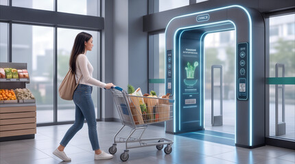 Retail customer pushing shopping cart through futuristic automated checkout portal. Smart grocery store technology with digital scanning interface.