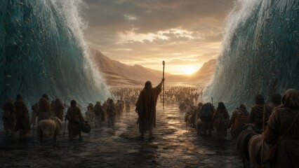 Prophet leading a large group through parted sea walls toward a mountain valley at sunrise. Biblical exodus scene symbolizing faith, freedom, leadership, and spiritual journey.
