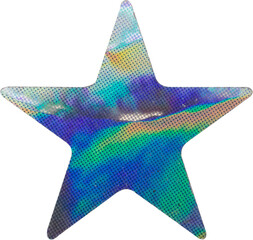 Holographic star sticker with iridescent foil texture isolated on white background