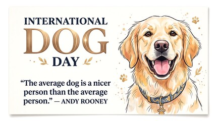 International Dog Day greeting card featuring a golden retriever illustration with a quote by Andy Rooney on a clean white background