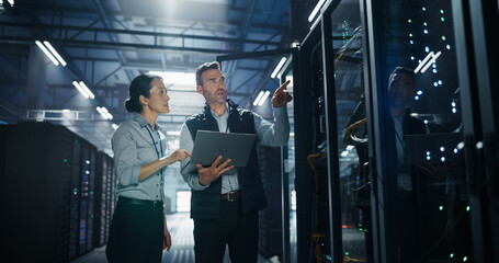 Caucasian Male Engineer Holding Laptop Computer Points up at Server Rack Hardware While Asian Female Supervisor Observes, Two Data Center Specialists Conducting Cloud Storage Capacity Audit