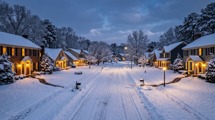Suburban neighborhood street covered in fresh winter snow.