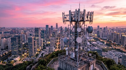 A stunning view of a city skyline at sunset, highlighted by a telecommunications tower and vibrant clouds.