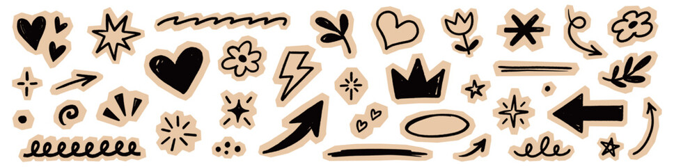 Paper sticker arrow heart set. Hand drawn paper sticker arrow heart star collage scrapbook texture. Cute diary notebook crown craft cutout y2k grunge background. Vector