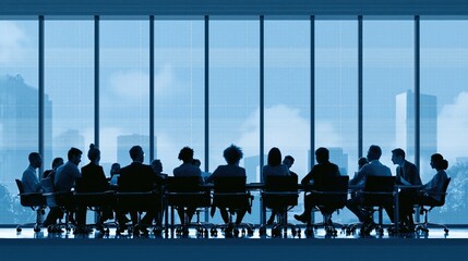 A diverse group of professionals meets around a conference table, silhouetted against a cityscape view.