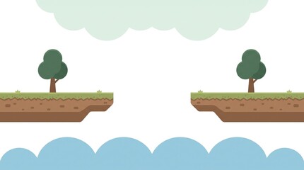 Pixel art game background featuring floating islands with green trees and a gap over blue clouds