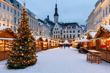 Tallinn Town Hall Square Christmas market with snow