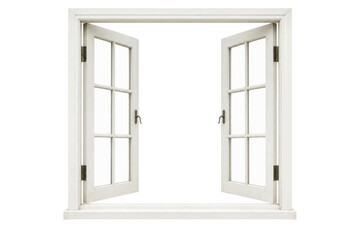 Classic white wooden window with two open sashes and visible brass hinges, offering a bright, inviting view