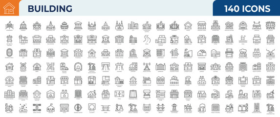 Set of 120 outline icons related to Building. Mega collection icons. Vector illustration