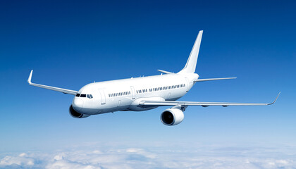 White commercial passenger aircraft flying low angle front view in clear blue sky, jet airplane above clouds, modern civil aviation transport concept, clean isolated airliner template mockup