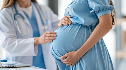 Faceless pregnant woman standing beside a healthcare professional during a prenatal consultation, maternal health, pregnancy care, midwifery, obstetrics, prenatal screening,