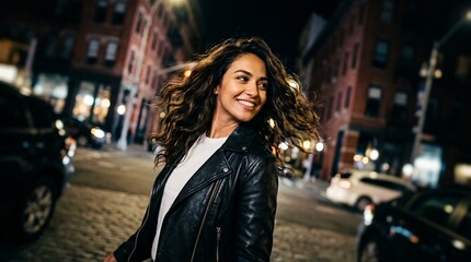 Smiling young woman in leather jacket showcasing curly hair, night city street and cheerful expression, concept for urban lifestyle and nighttime adventure