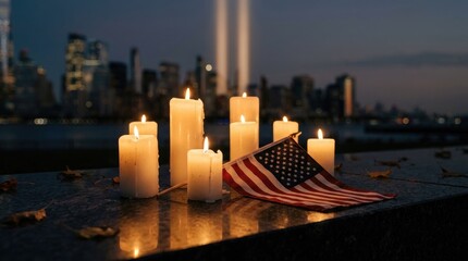 Memorial candles and American flag at night with city skyline tribute lights in background.