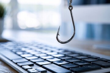 Concept of cybercrime and online fraud with a metal fishhook hovering above a computer keyboard symbolizing digital phishing attacks and scams