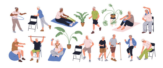 Active senior people do sport exercises set. Healthy elderly men and women during workout, fitness training. Old-aged characters walking, jogging. Flat vector illustration isolated on white background