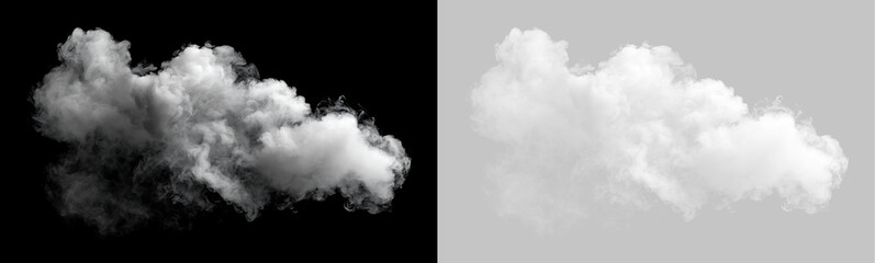 Realistic fluffy white cloud on transparent background. Isolated dense cumulus smoke cloud cutout for sky overlay and visual effects