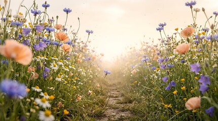 A low angle view of a beautiful field filled with blooming purple and orange flowers at sunset