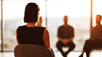 A therapy support group meets in a sunlit counseling room, sharing experiences in a circle of trust. Warm golden light and soft focus highlight mental health support.
