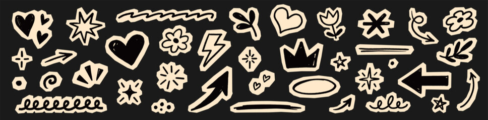 Paper sticker arrow heart set. Hand drawn paper sticker arrow heart star collage scrapbook texture. Cute diary notebook crown craft cutout y2k grunge background. Vector