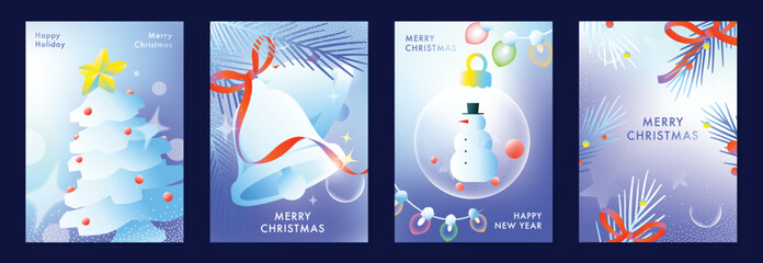 Merry Christmas and Happy New Year vector posters set. Christmas tree, bell, snowman ornament and festive pine decorations on soft blue pastel holiday greeting card backgrounds.