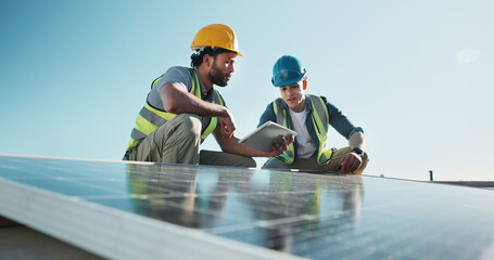 Technician, team and outdoor at solar panel with tablet, planning upgrade or innovative design. Men, talking and tech with photovoltaic grid for project management with energy source at eco building