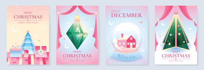 Merry Christmas and Happy New Year vector posters set. Christmas trees, gift boxes, hanging ornament and winter house snow globe with soft pink pastel festive backgrounds.
