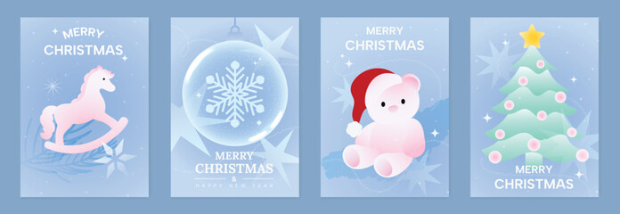 Merry Christmas and Happy New Year vector posters set. Rocking horse, Christmas ornaments, cute polar bear with gift, holly leaves and festive holiday decorations.